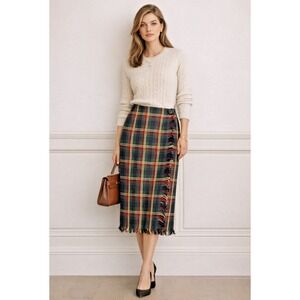 Preston & York Vintage Wool Plaid Wrap Skirt Fringe Classic Tartan Midi 10